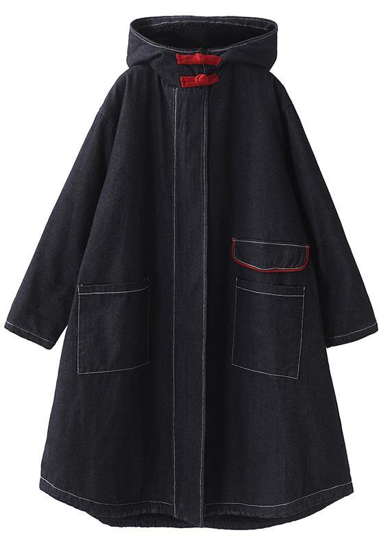 women plus size clothing Jackets & Coats hooded overcoat denim black two pockets Parkas for women