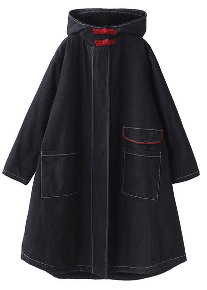 women plus size clothing Jackets & Coats hooded overcoat denim black two pockets Parkas for women