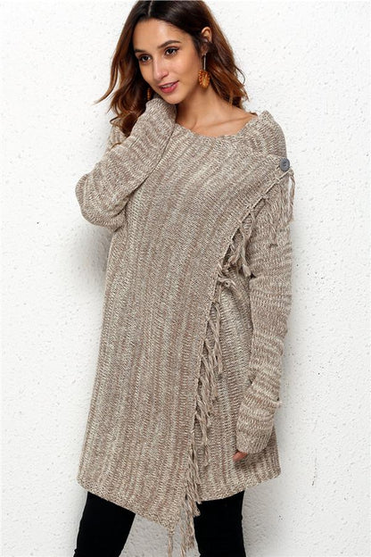 Tassel Asymmetrical Hem Shawl Speckled Fringe Cardigan - Green