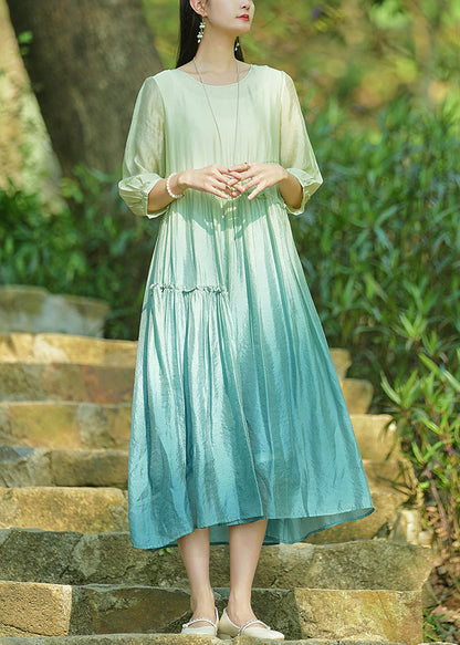 Elegant Gradient Color O-Neck Ruffled Cotton Long Dresses Bracelet Sleeve