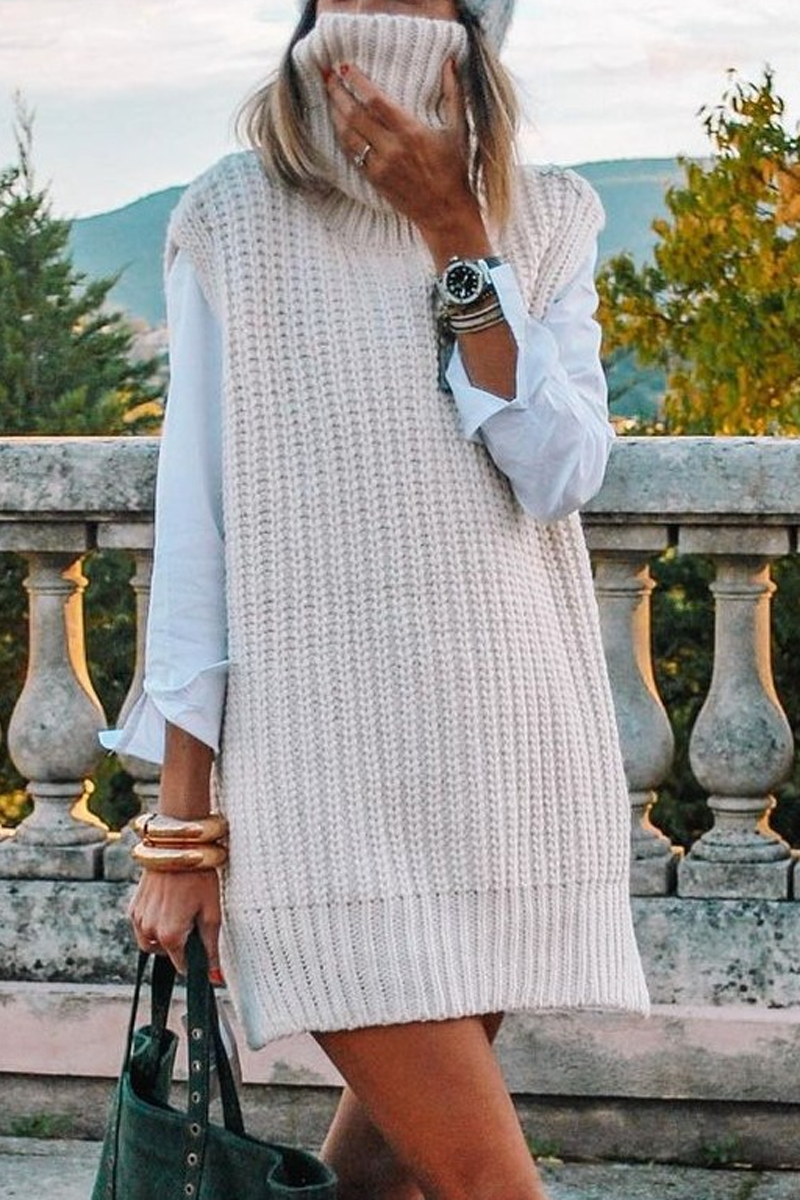 Turndown Collar Sleeveless Casual Sweater