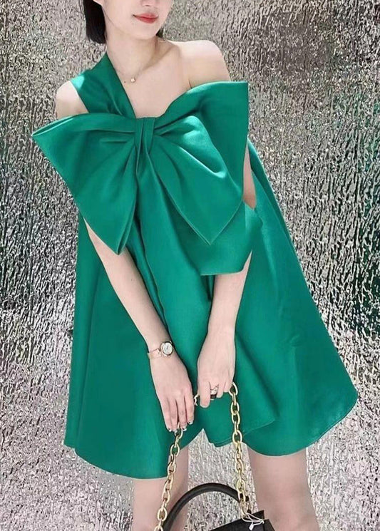 Women Green One Shoulder Bow Satin Party Dress Summer