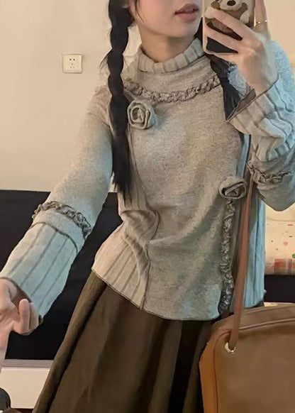 Chic Grey Turtleneck Patchwork Floral Top Fall