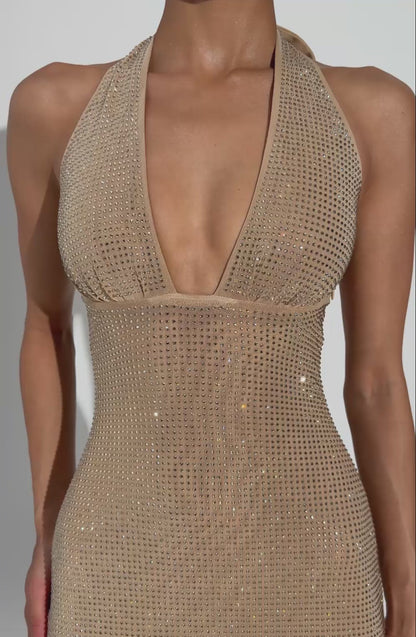 Sexy Halter Deep V-neck Slim-Fit Rhinestone Dress