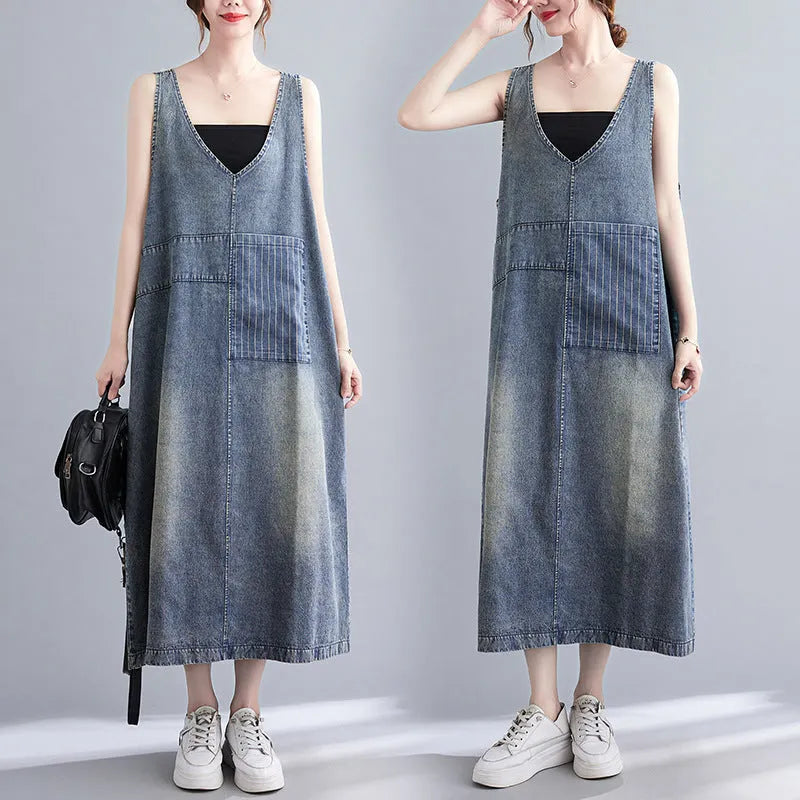 Vintage Literary Washed V-Neck Sleeveless Denim Dress