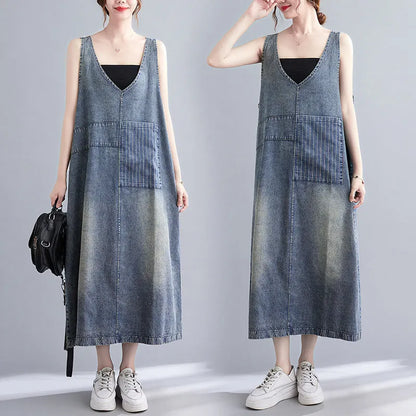 Vintage Literary Washed V-Neck Sleeveless Denim Dress