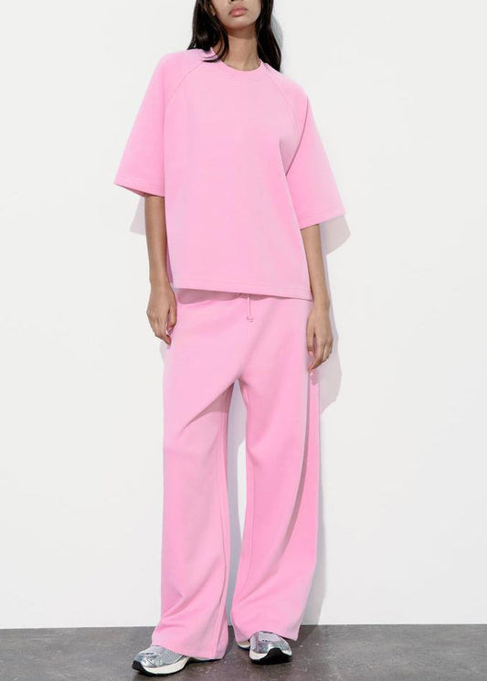 Loose Pink O Neck T Shirt And Pants Cotton Two-Piece Set Summer