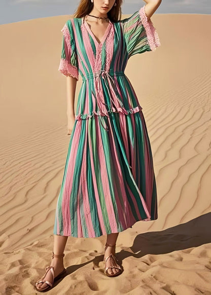 Women Rainbow Cinched Striped Cotton Holiday Dress Summer