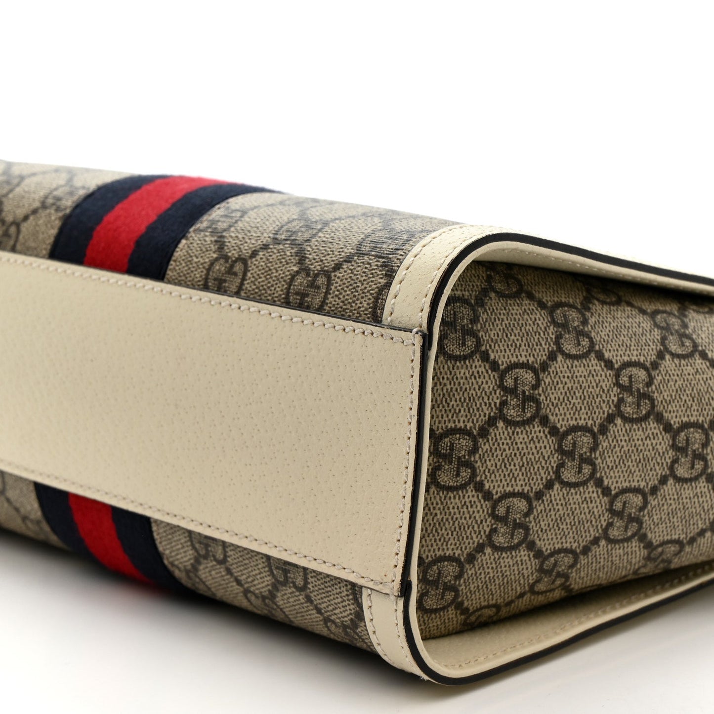 GG Supreme Monogram Textured Dollar Calfskin Web Small Ophidia Tote Bag Beige Ebony Mystic White
