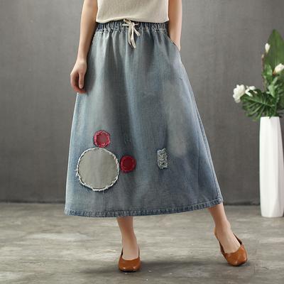 Cozy Thin Cartoon Embroidered Patch Swing  Denim Skirt