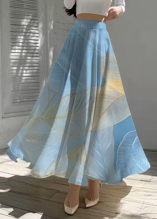 Elegant Sea Blue Leaf Print Chiffon Holiday Skirt Summer