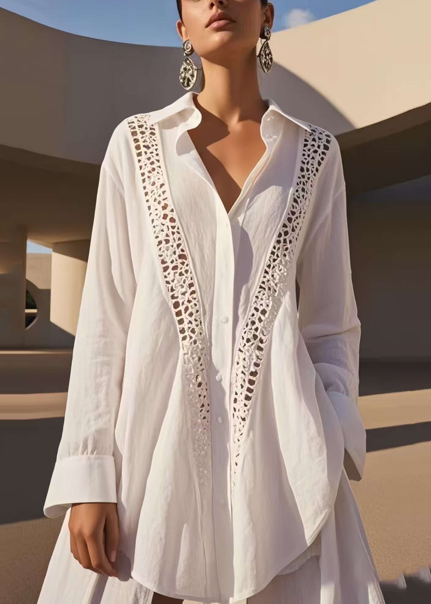 Chic White Oversized Patchwork Hollow Out Cotton Shirts Spring