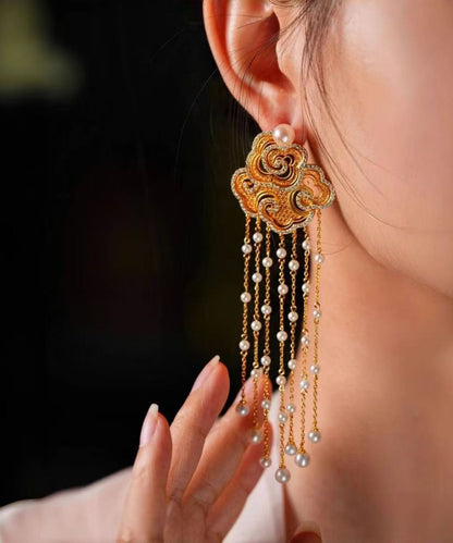 Vintage Gold Sterling Silver Overgild Zircon Auspicious Clouds Pearl Tassel Drop Earrings