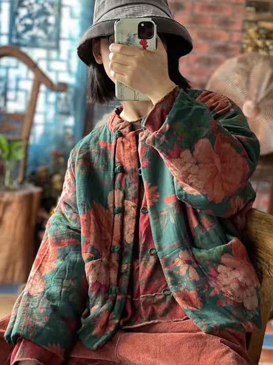 Women Winter Vintage Floral Print Frog Cotton Coat