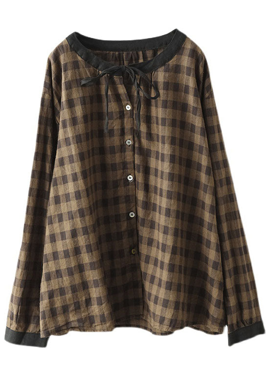 DIY Coffee Plaid Button tie Fall Shirt Long sleeve