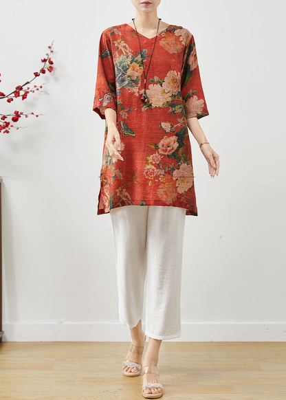 Vintage Red Oversized Print Linen Two-Piece Set Summer
