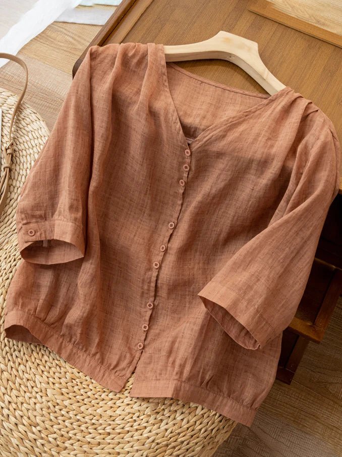 Pure Color V Neck 3/4 Sleeve Casual Linen Shirt Top
