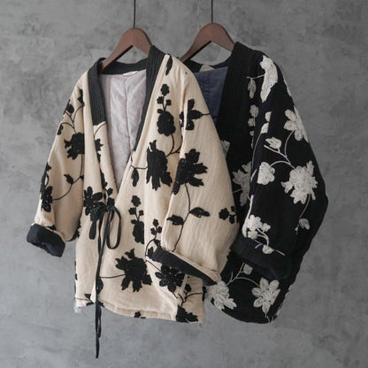 Winter Warm Cotton Padded Retro Floral Embroidery Coat
