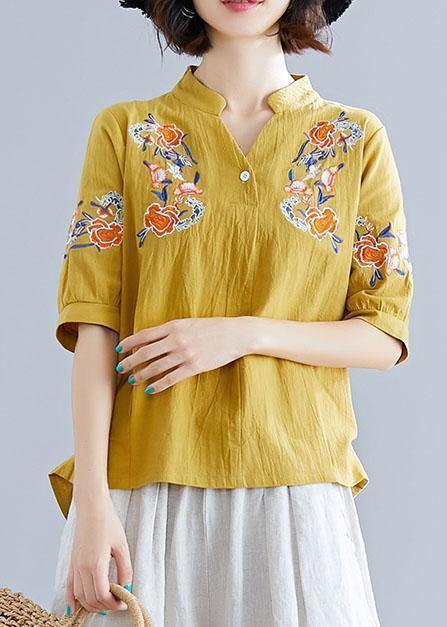 Women yellow embroidery linen cotton Blouse Sewing v neck summer top