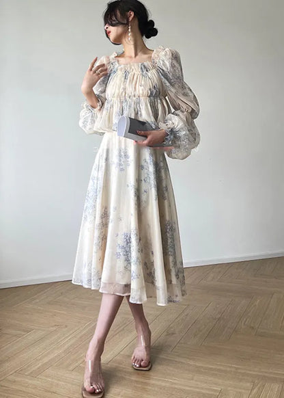 Cute Square Collar Print Top And Skirts Two Pieces Set Fall