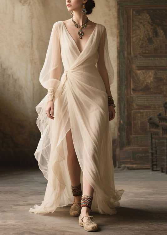 Plus Size White Exra Large Hem Side Open Tulle Long Dress Summer