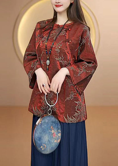 Vintage Red O Neck Oriental Button Jacquard Silk Top Fall