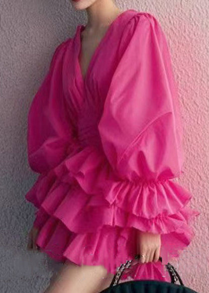Elegant Rose V Neck Solid Cotton Mini Dress Butterfly Sleeve