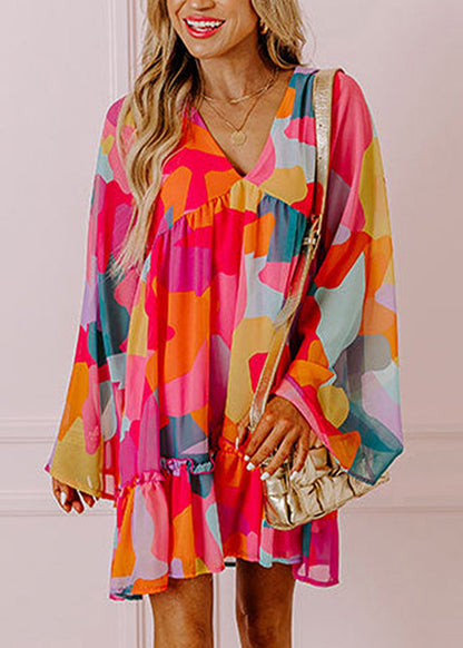 Boho Red Print Wrinkled Chiffon Mid Dresses Fall