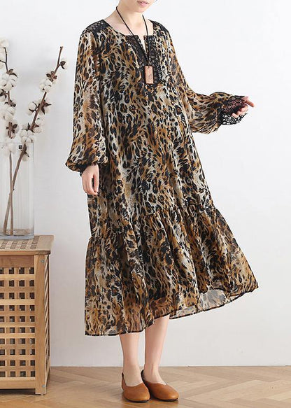 Simple lapel patchwork chiffon dress Casual Work Outfits Leopard A Line Dress