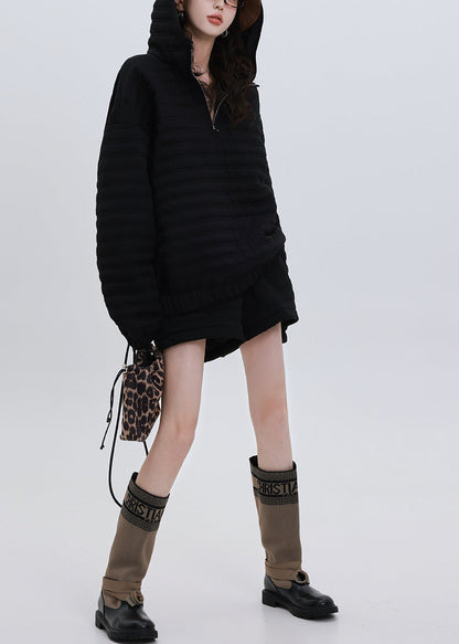 Italian Black Hooded Oversized Fine Cotton Filled Two Pieces Set Winter
