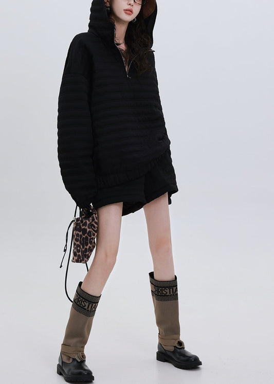Italian Black Hooded Oversized Fine Cotton Filled Two Pieces Set Winter