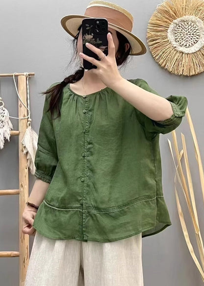 Vintage Beige O-Neck Patchwork Cotton Shirt Top Summer