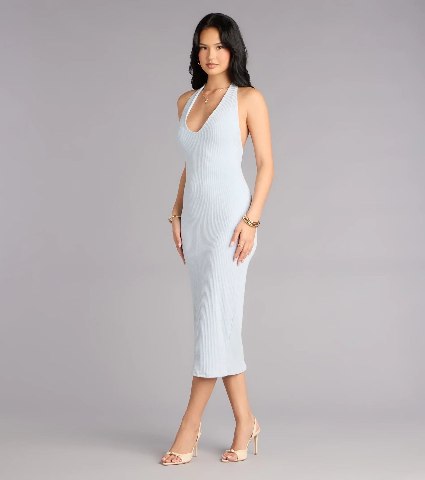 Chic Cutie Ribbed Knit Halter Midi Dress