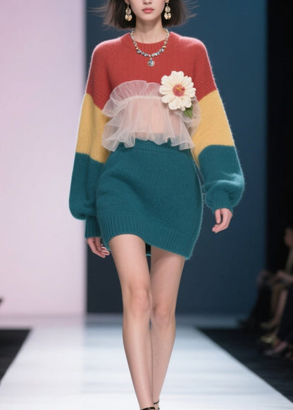 New Colorblock Tulle Ruffled Floral Knit Sweater Dress Winter