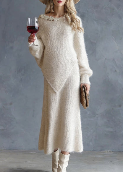 Chic Beige Asymmetrical Floral Cotton Knit Sweaters And Maxi Skirts Two Pieces Set Spring