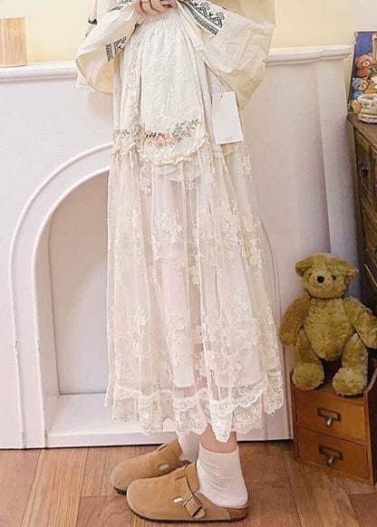 Elegant Beige Embroidered Elastic Waist Patchwork Tulle Skirt Spring