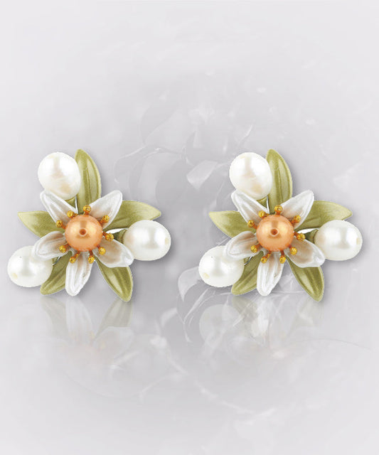 Cute Green Sterling Silver Copper Pearl Enamel Floral Stud Earrings