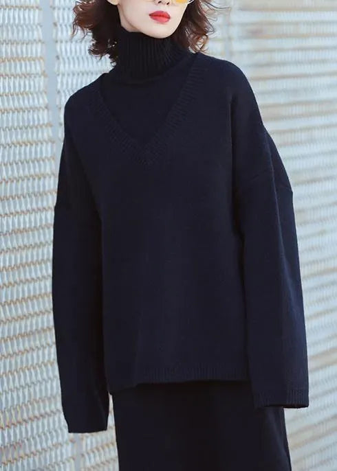 Set female 2024 large size turtleneck sweater suit skirt black two-piece long paragraph over the knee