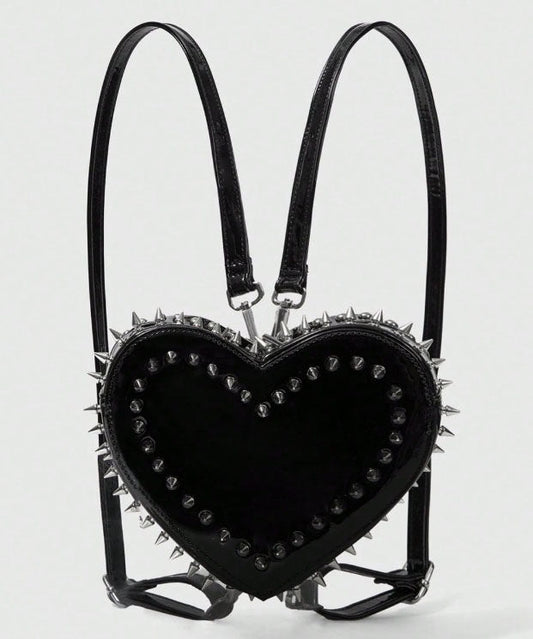 Chic Pink Heart Shape Rivet Faux Leather Backpack Bag
