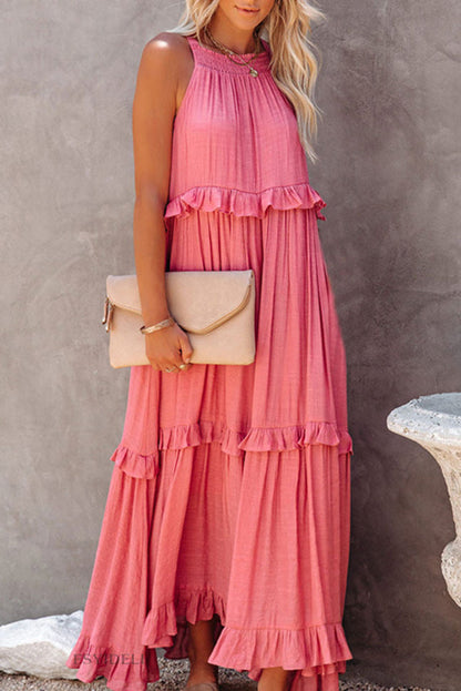Blue Vittoria Shirred Ruffle Tiered Maxi Halter Dress