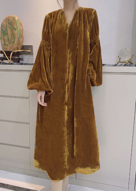 Women Yellow Puff Sleeve Pockets Velour Dress