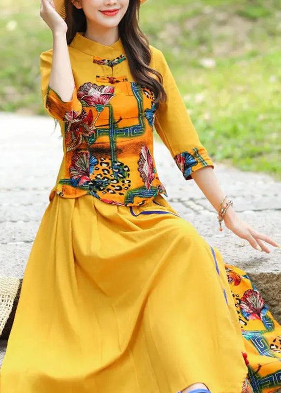 Stylish Yellow O-Neck Print Top And Skirts Two Piece Set Fall