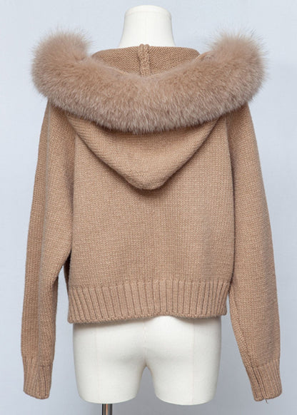Coffee Zippered Patchwork Solid Knit Fall Coats Hooded