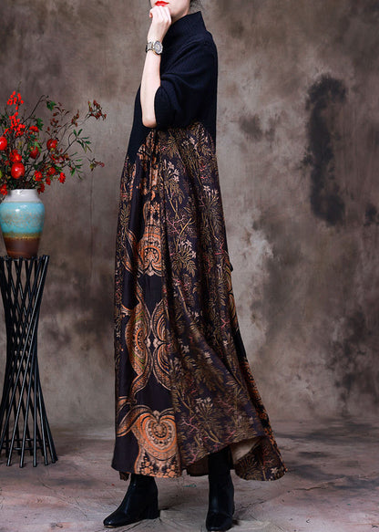 Casual Blue Patchwork Coffee Turtleneck Print Silk Maxi Dress Long Sleeve