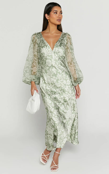 Freollyn Midi Dress - Deep V Neck Long Sleeve Dress In Sage