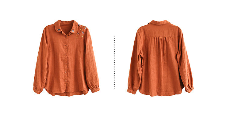 Art Vintage Double Layer Cotton Long Sleeve Floral Embroidery Shirt