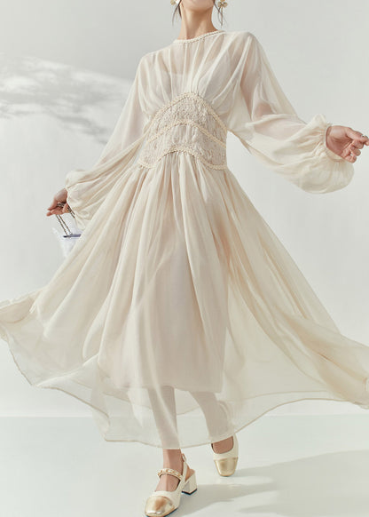 French Beige O-Neck Tunic Tulle Long Dresses Lantern Sleeve