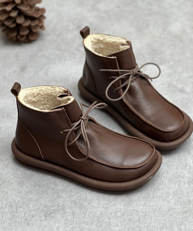 Retro Lace Up Boots Coffee Fuzzy Wool Lined Cowhide Leather