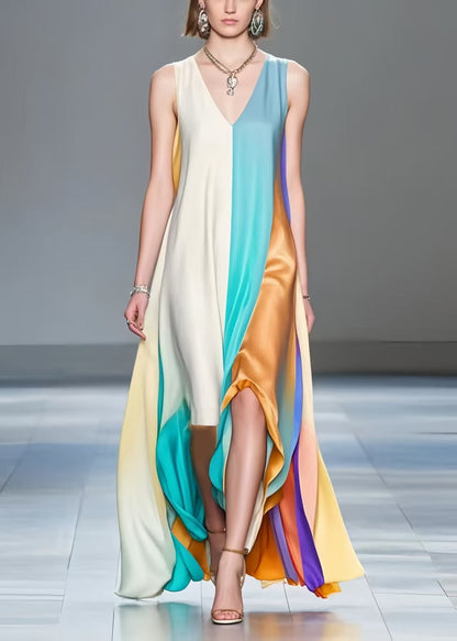 Beautiful Asymmetrical Patchwork Silk A Line Dresses Sleeveless