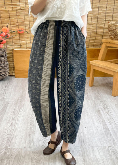 Vintage Black Oversized Print Linen Harem Pants Spring